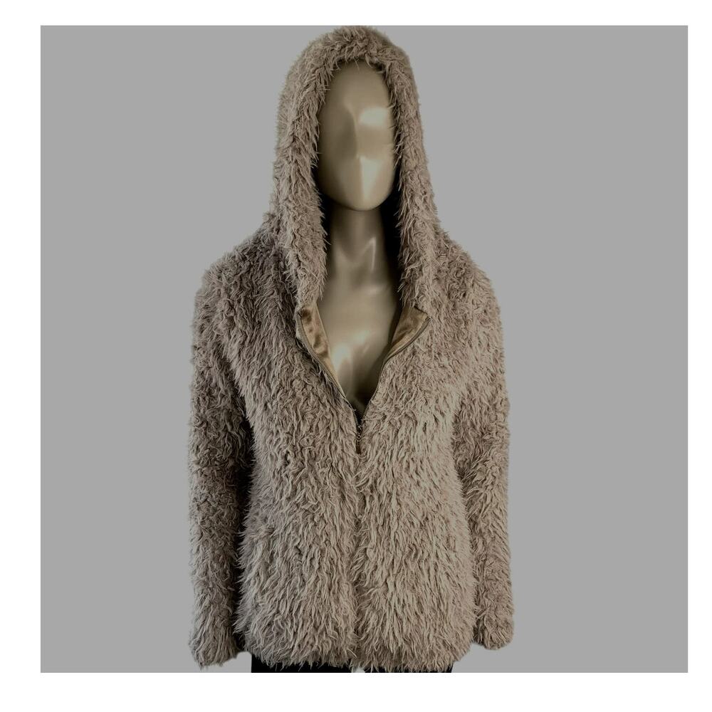 Countess Faux Fur Zip Up Hoodie Jacket Womens M Taupe Gray Shaggy Teddy Plush